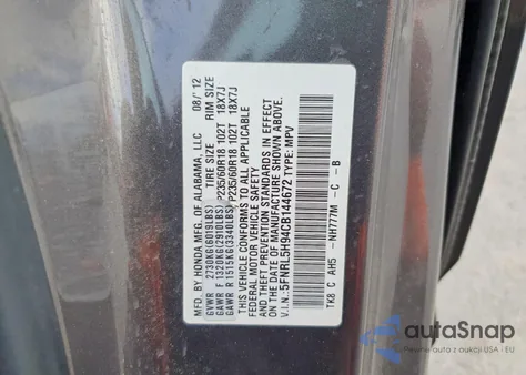 2012 Honda Odyssey Touring z USA, uszkodzony, nr VIN 5FNRL5H94CB144672